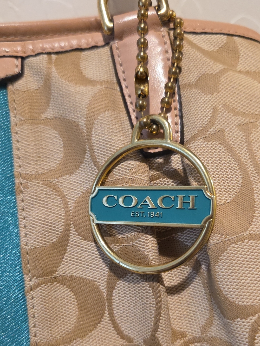 Coach Tan Signature Canvas Tote with Teal Center Stripe - Picture 3 of 16